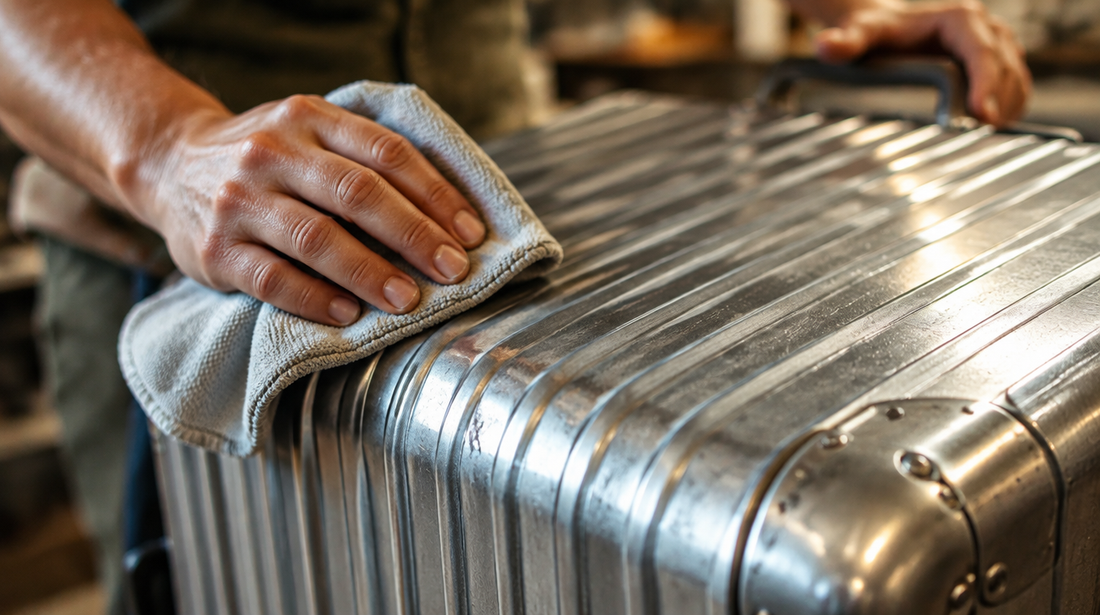 Una mano pule la carcasa de una maleta de aluminio con un paño suave