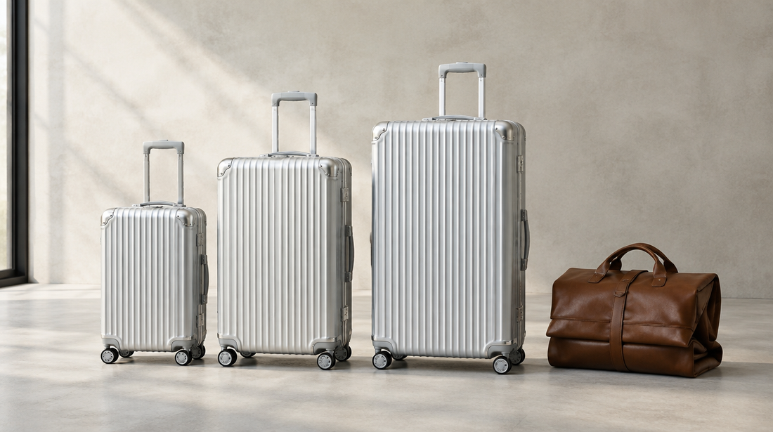 Maletas de aluminio de distintos tamaños junto a una bolsa de viaje de cuero