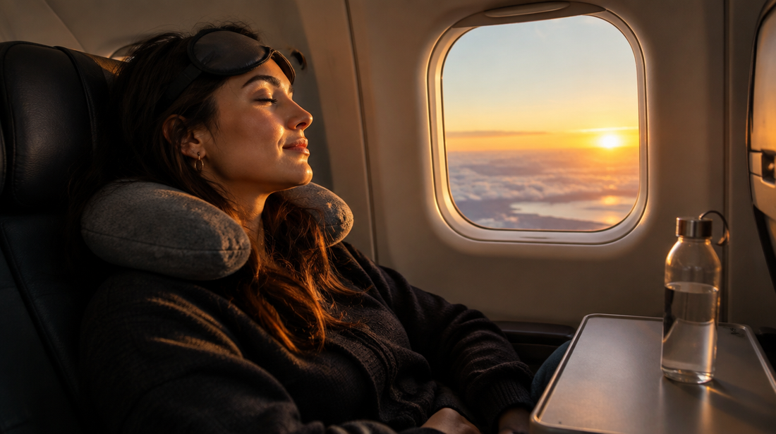 Viajero descansando junto a la ventanilla del avión al amanecer durante un vuelo de larga distancia