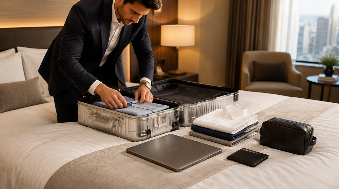 Viajero de negocios preparando una maleta de aluminio sobre la cama del hotel, con camisas y portátil dispuestos