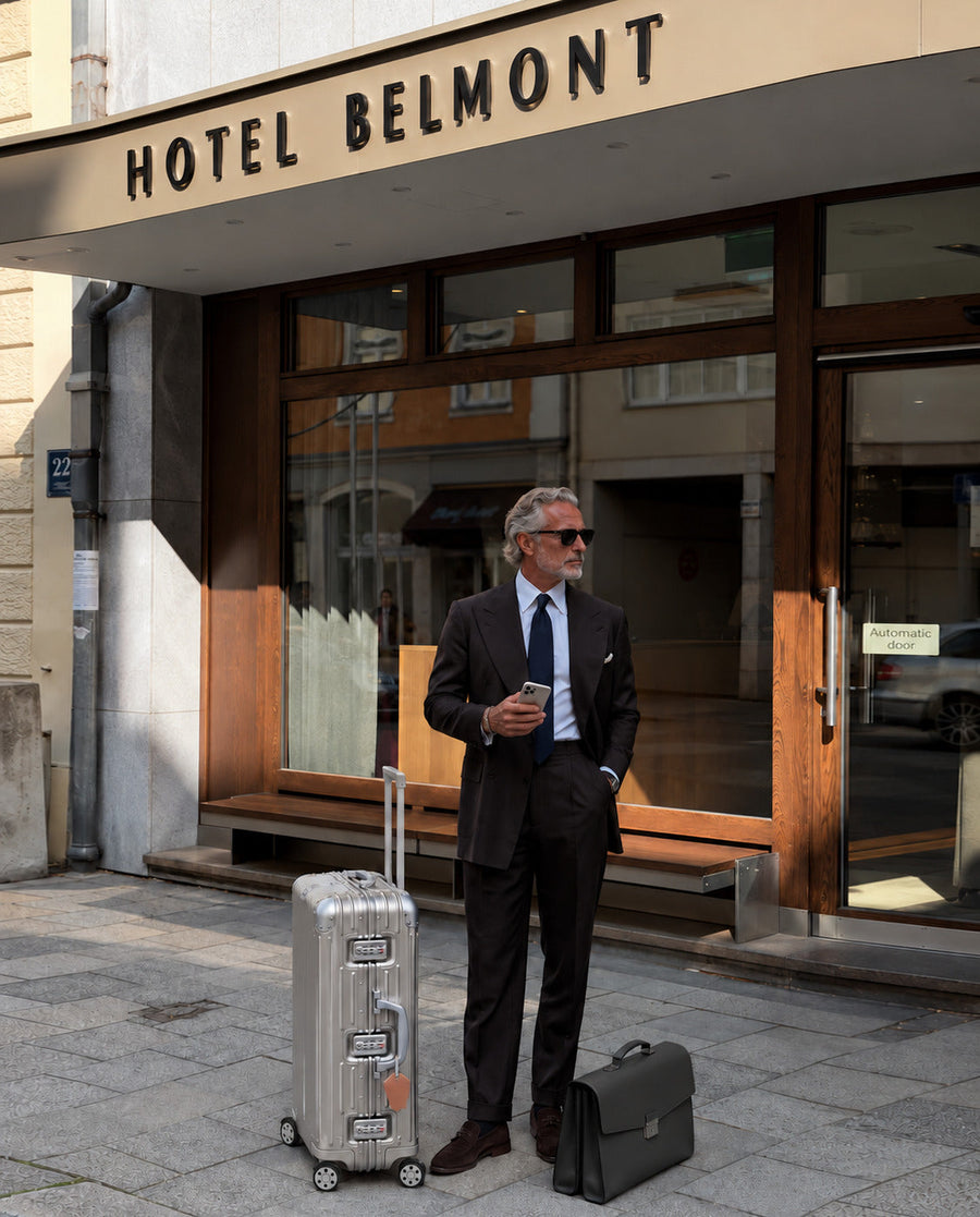 ALTAIR Original Cabin silver suitcase outside a hotel, traveller in a suit